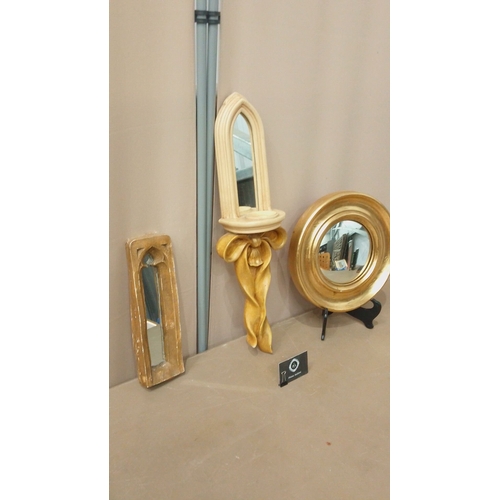 4 - Gilt convex mirror, Gothic-style narrow mirror, and ornate ribbon wall mirror.