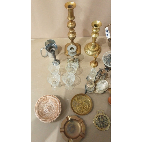 8 - Vintage brass candlesticks, copper basin, etched glassware, silver-plated accents, and collectible h... 