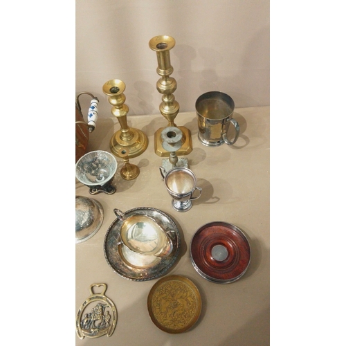 8 - Vintage brass candlesticks, copper basin, etched glassware, silver-plated accents, and collectible h... 