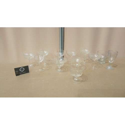 11 - Mixed set of 12 vintage etched glassware, featuring coupe and goblet styles. Timeless design with in... 