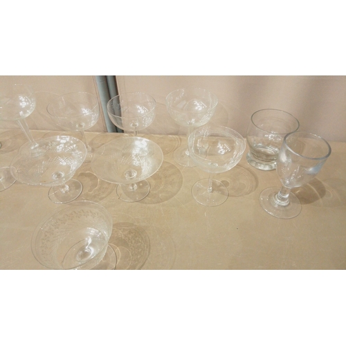 11 - Mixed set of 12 vintage etched glassware, featuring coupe and goblet styles. Timeless design with in... 