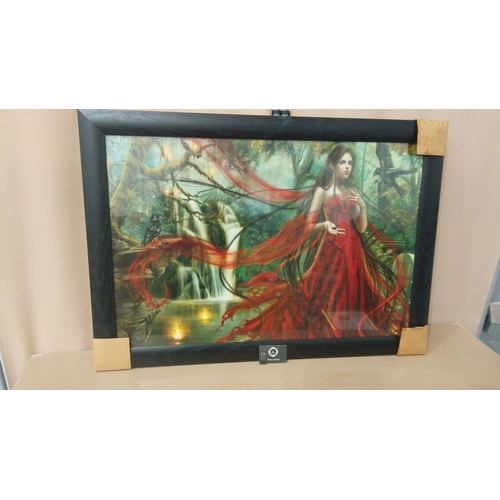 12 - Framed fantasy art print depicts a woman in a red dress amidst a mystical forest. Signed by artist. ... 