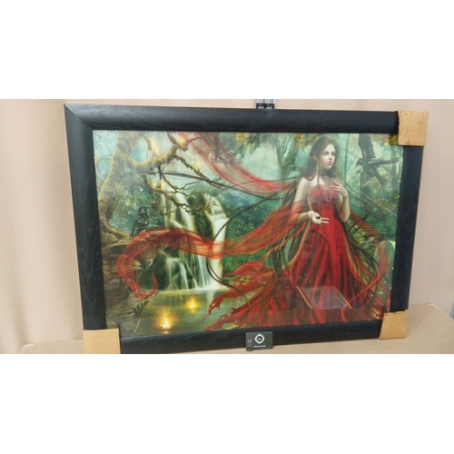 12 - Framed fantasy art print depicts a woman in a red dress amidst a mystical forest. Signed by artist. ... 