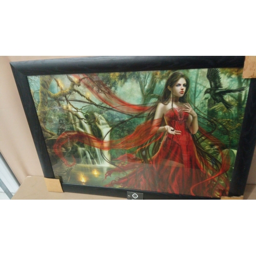 12 - Framed fantasy art print depicts a woman in a red dress amidst a mystical forest. Signed by artist. ... 