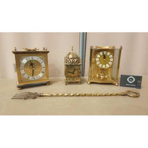 17 - Trio of brass carriage clocks from the late 20th century, featuring ornate dials and intricate detai... 