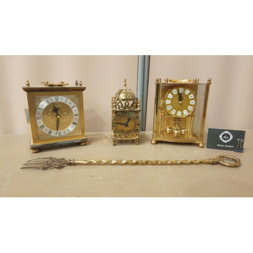 17 - Trio of brass carriage clocks from the late 20th century, featuring ornate dials and intricate detai... 