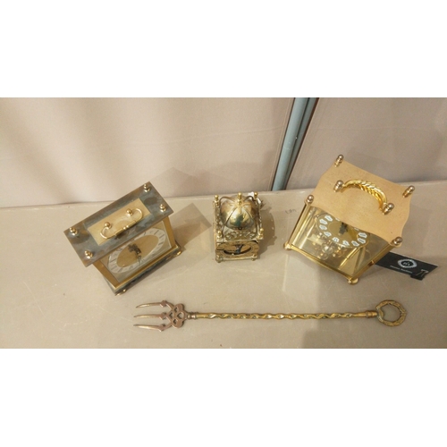 17 - Trio of brass carriage clocks from the late 20th century, featuring ornate dials and intricate detai... 