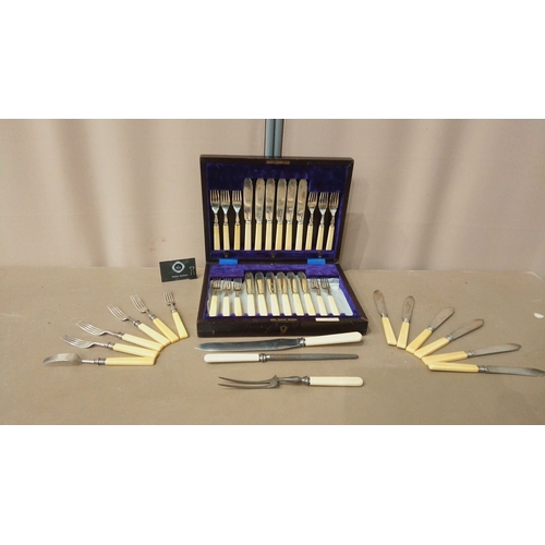 28 - Early 20th-century cutlery set with cream bakelite handles, presented in a velvet-lined wooden box.