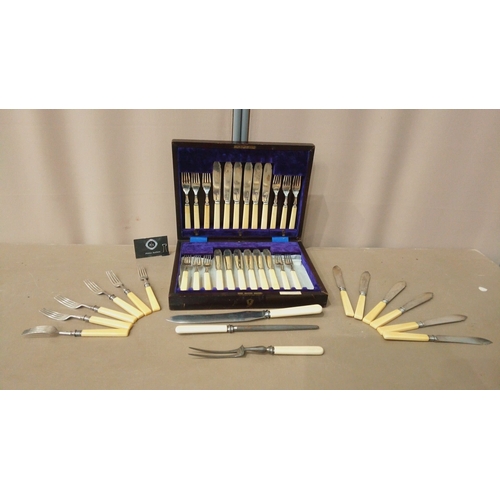 28 - Early 20th-century cutlery set with cream bakelite handles, presented in a velvet-lined wooden box.