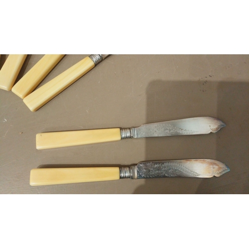 28 - Early 20th-century cutlery set with cream bakelite handles, presented in a velvet-lined wooden box.