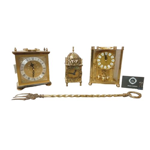 17 - Trio of brass carriage clocks from the late 20th century, featuring ornate dials and intricate detai... 