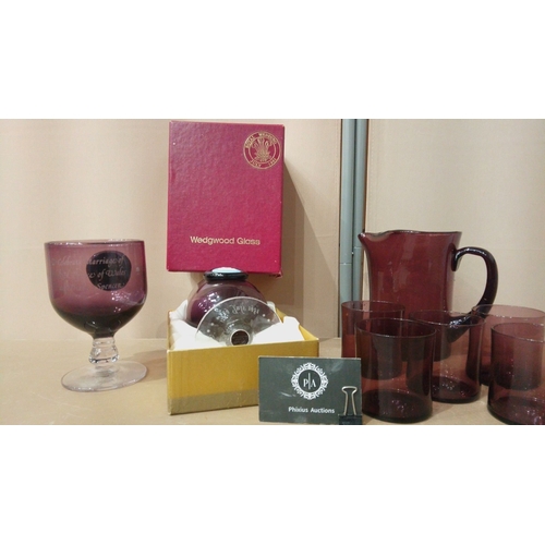 21 - Amethyst Glassware Set from the 1970s: Includes pitcher, goblets, glasses, and a commemorative bowl.... 