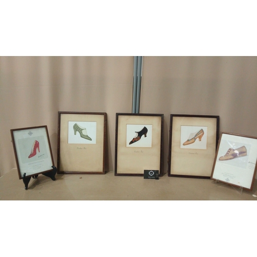 29 - Set of five vintage shoe illustrations, circa 1940s. Delicately framed, showcasing classic design an... 