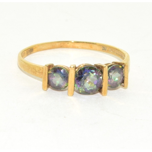 11 - 9ct gold ladies 3 stone Mystic Topaz bar ring size O