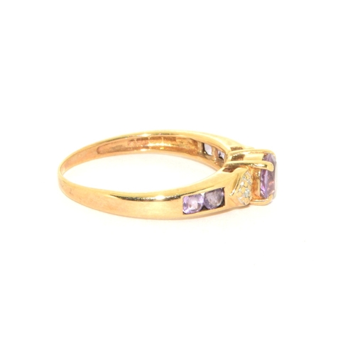 46 - 9ct gold ladies Amethyst ring with Amethyst shoulders and accent diamond decoration size M