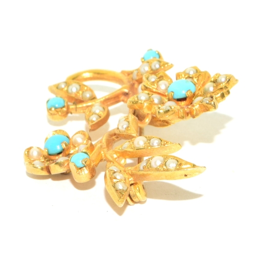 33 - Superb 9ct gold vintage Turquoise and Pearl flower design brooch of 7.7g 4x3cm