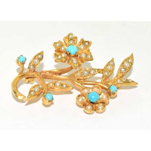 33 - Superb 9ct gold vintage Turquoise and Pearl flower design brooch of 7.7g 4x3cm