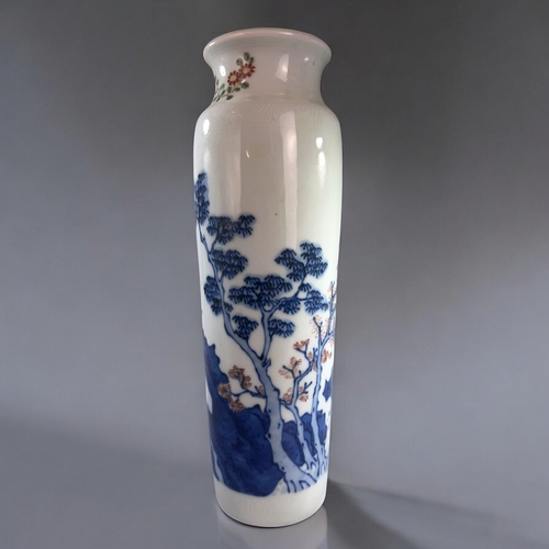 21 - A Chinese Wucai glazed 'Narrative' sleeve vase.Qing dynasty.Depicting figures in a forest setting.In... 