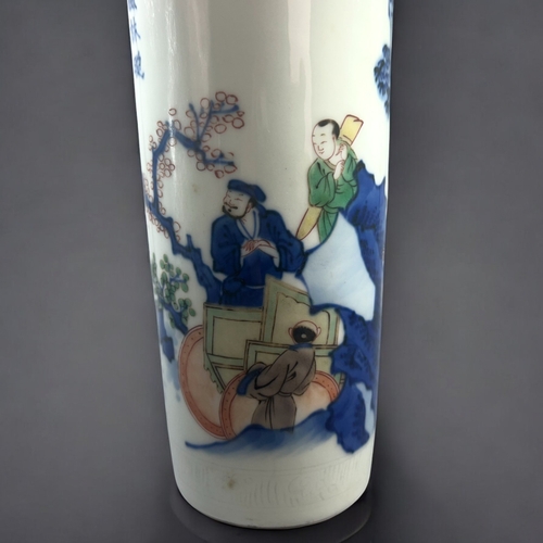 21 - A Chinese Wucai glazed 'Narrative' sleeve vase.Qing dynasty.Depicting figures in a forest setting.In... 
