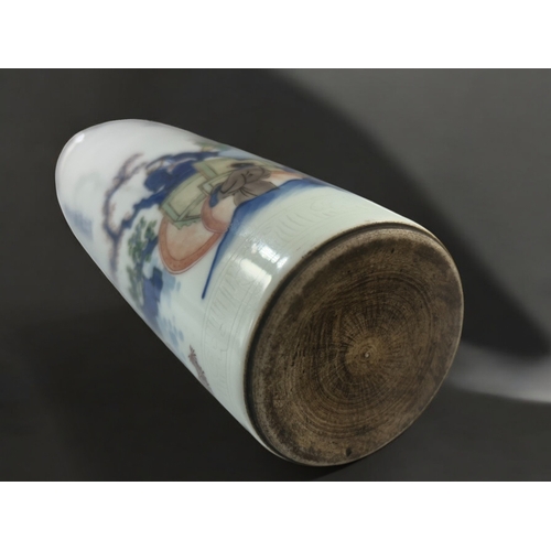 21 - A Chinese Wucai glazed 'Narrative' sleeve vase.Qing dynasty.Depicting figures in a forest setting.In... 