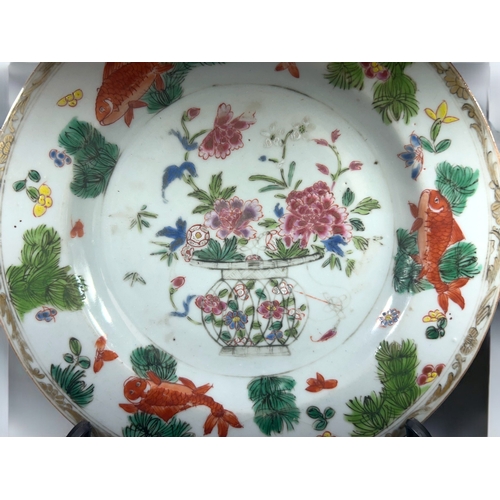 5 - A Chinese porcelain Wucai 'Goldfish' plate.Qing dynasty, 18th/19th century. Enamel painted swimming ... 