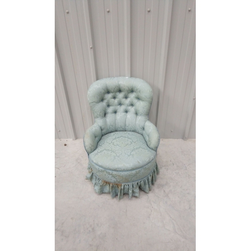 50 - Victorian-style tufted slipper chair, upholstered in pale blue floral damask fabric with a pleated s... 