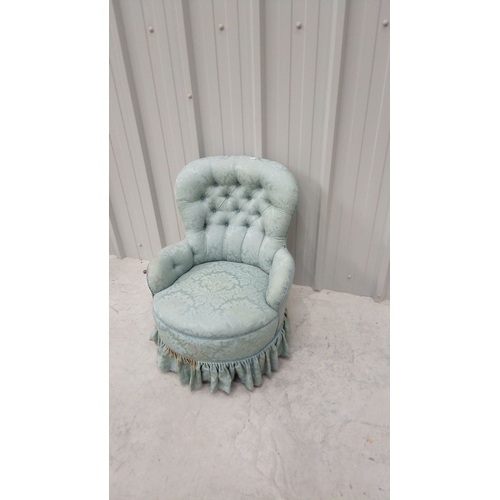 50 - Victorian-style tufted slipper chair, upholstered in pale blue floral damask fabric with a pleated s... 