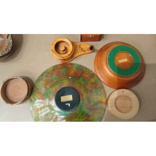 32 - Vintage wooden lot includes a lidded puzzle box, board game, unique ashtray, and a hand-carved pipe ... 