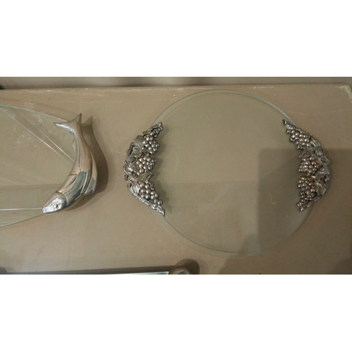 37 - A Large Lot of Glass Trays/platter with silver-plated grape motif accents, paired with a mirrored tr... 