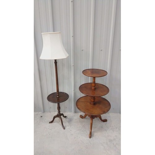 44 - Mid-20th-century walnut floor lamp with integrated circular table, turned pedestal base, and origina... 