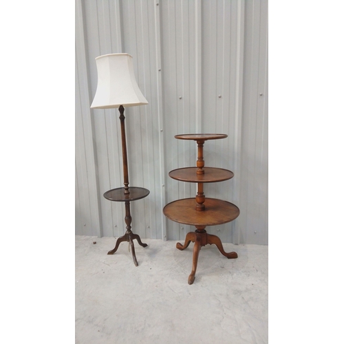 44 - Mid-20th-century walnut floor lamp with integrated circular table, turned pedestal base, and origina... 