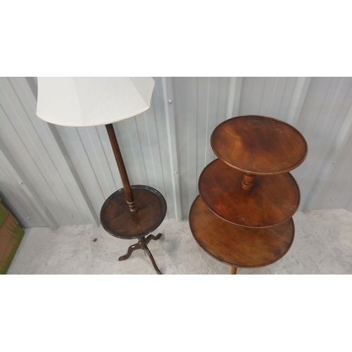 44 - Mid-20th-century walnut floor lamp with integrated circular table, turned pedestal base, and origina... 