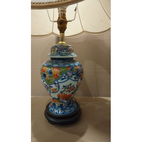 109 - Hand-painted porcelain table lamp features vibrant Imari-style floral motifs, mounted on a wooden ba... 