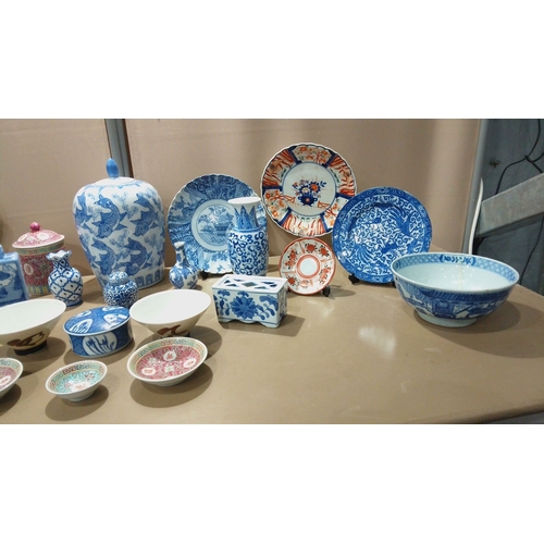 115 - Collection of Chinese porcelain includes 18th-20th century blue-and-white and Imari-style plates, va... 