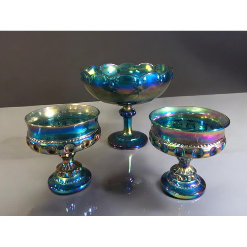 90A - Indiana Blue Iridescent Carnival Glass Tazza and 2 x Smaller Pedestal BonBon Dishes.Tazza H 19cm x D... 