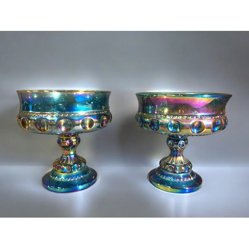 90A - Indiana Blue Iridescent Carnival Glass Tazza and 2 x Smaller Pedestal BonBon Dishes.Tazza H 19cm x D... 