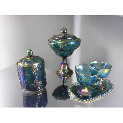 90B - Carnival Glass Iridescent Blue Grapevine Pattern Lidded Pedestal Centre Bowl, Lidded Cannister and T... 