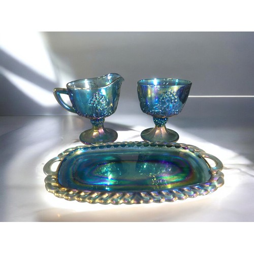 90B - Carnival Glass Iridescent Blue Grapevine Pattern Lidded Pedestal Centre Bowl, Lidded Cannister and T... 