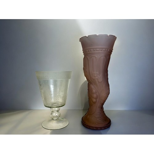 29 - A 19th century engraved Celery vase / Goblet.Together with a French Art Deco frosted Satin glass vas... 