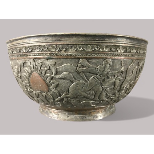 84 - 19th Century Persian Silvered Copper Bowl with Hunter and Mythical Beast Relief Decoration.