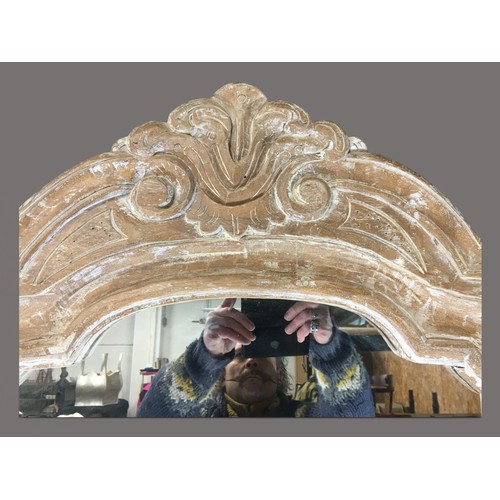 351 - Large Carved  Stripped Pine and Washed Mirror having Scroll and Leaf Carved Decoration.H 120cm x 73c... 