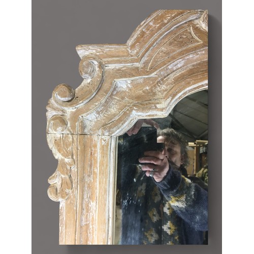 351 - Large Carved  Stripped Pine and Washed Mirror having Scroll and Leaf Carved Decoration.H 120cm x 73c... 