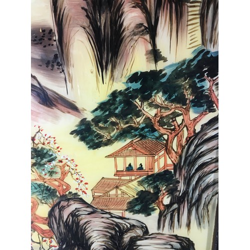 108 - Large Pair of Chinese Mid Century Reverse Painted Glass Landscape Scenes. Artist Signatures to Top L... 