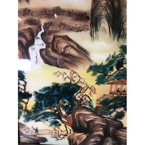 108 - Large Pair of Chinese Mid Century Reverse Painted Glass Landscape Scenes. Artist Signatures to Top L... 