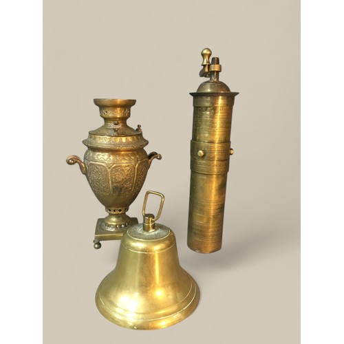 288 - Early 20th Century Middle Eastern Brass Coffee Grinder Brass bell and a Small Samovar style Brass Mi... 