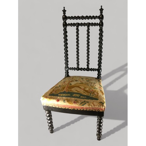 380 - 19th Century Ebonised Barley Twist Hall Chair with Sprung Wool Work Seat Depicting a Seated Dog bene... 