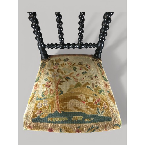 380 - 19th Century Ebonised Barley Twist Hall Chair with Sprung Wool Work Seat Depicting a Seated Dog bene... 