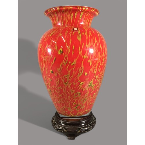 3 - Tarnoweic Hand Blown Art Vase. Red and Gold Cased Glass Overlaid Over White. Original Label. On Stan... 