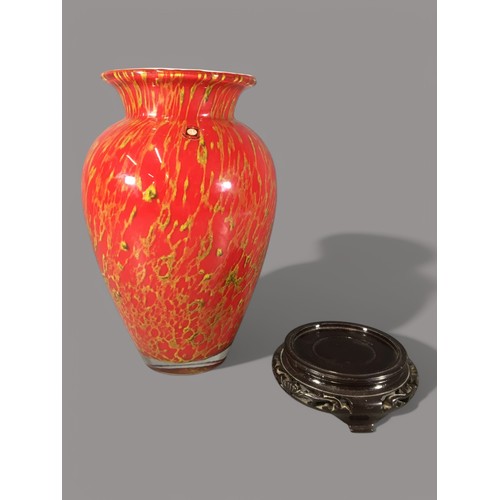 3 - Tarnoweic Hand Blown Art Vase. Red and Gold Cased Glass Overlaid Over White. Original Label. On Stan... 