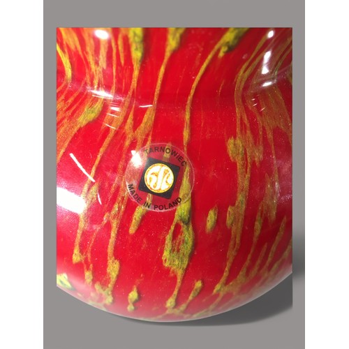 3 - Tarnoweic Hand Blown Art Vase. Red and Gold Cased Glass Overlaid Over White. Original Label. On Stan... 